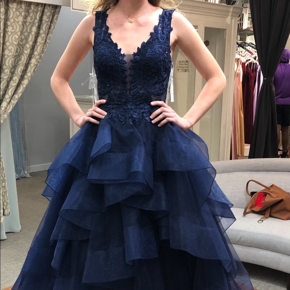 Navy open pack Ruffle ball gown, Faviana prom dress